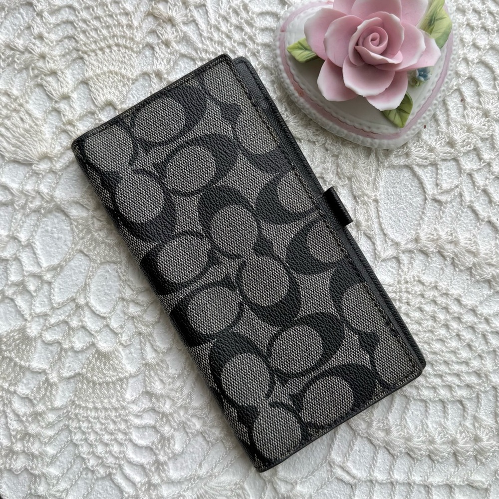 Coach Signature Canvas Checkbook Wallet Black Slim Organizer